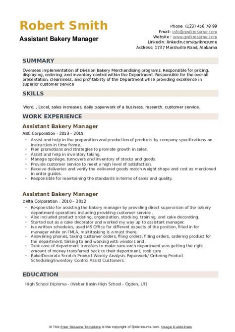 Assistant Bakery Manager Resume Samples Qwikresume