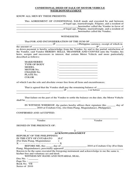 Sy, of legal age, married to feliza d. Conditional Deed of Sale of Motor Vehicle