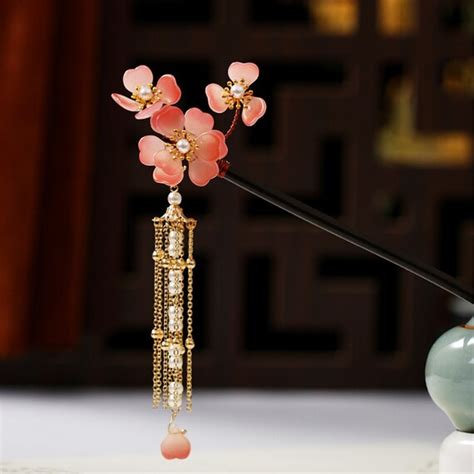 Vintage Chinese Hair Pins Flower Pearls Beads Long Tassels Etsy
