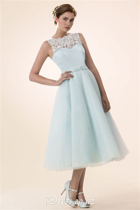 A Line Sleeveless Ethereal Tulle Tea Length Aqua Blue Bridesmaid Dress
