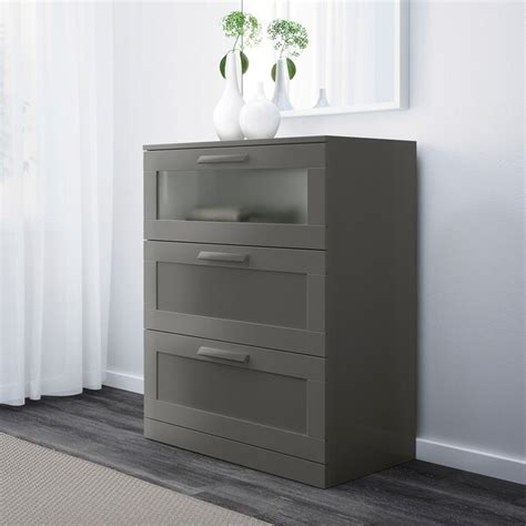 Part of the brimnes collection designed by k and m hagberg, the frosted glass top provides a contrast to the rest of the particleboard and fiberboard frame for a distinct look. BRIMNES 3-drawer chest - gray, frosted glass - IKEA