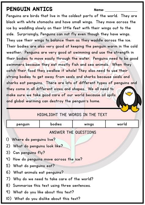 Reading Comprehension Passages With Questions Grade 2 Reading Reading