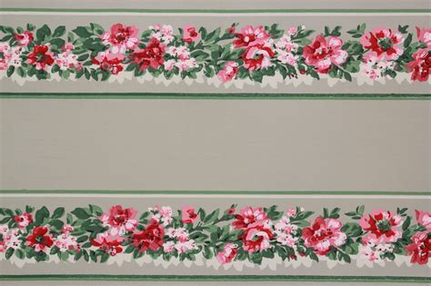 1940s Vintage Wallpaper Border Pink Flowers On Green