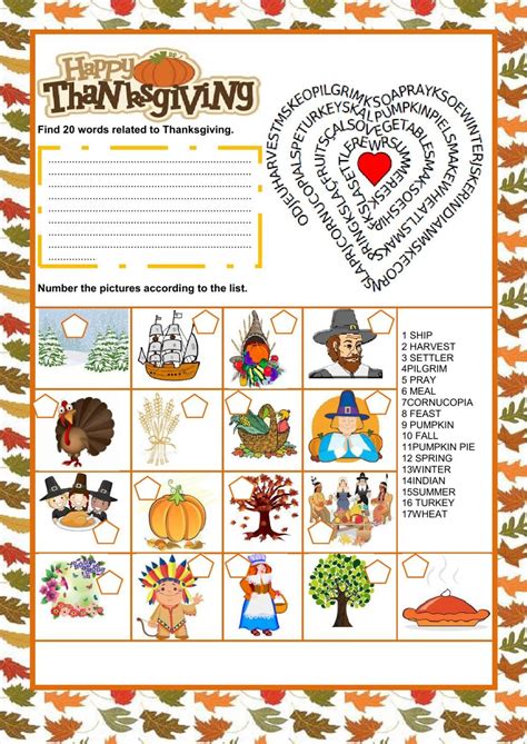 Thanksgiving Pictionary And Wordsearch Worksheet