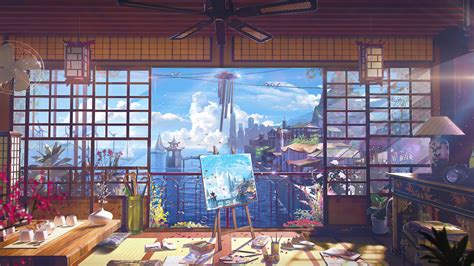 Ocean View Room Digital Art Anime Painting Clutter Japanese 4k
