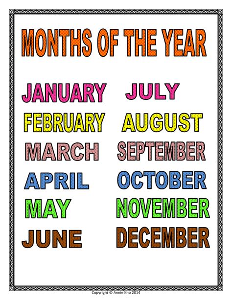Months Of The Year Individual Example Calendar Printable