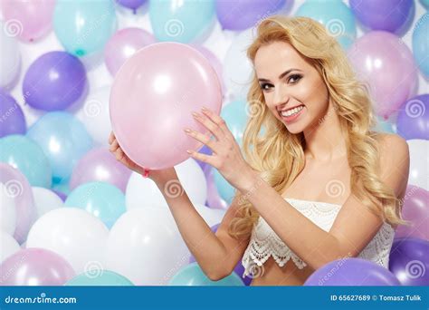 Beautiful Woman With Balloons Stock Image Image Of Happiness Posing 65627689