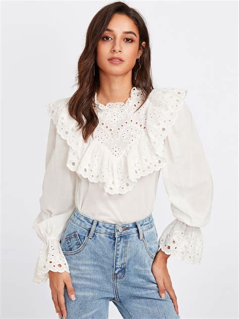 Eyelet Embroidered Ruffle And Bell Cuff Blouse Sheinsheinside