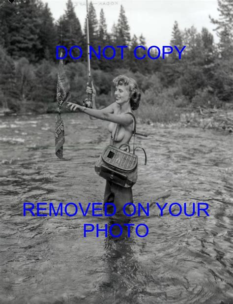 Vintage Topless Fly Fishing Lady Black And White Photo Print Etsy