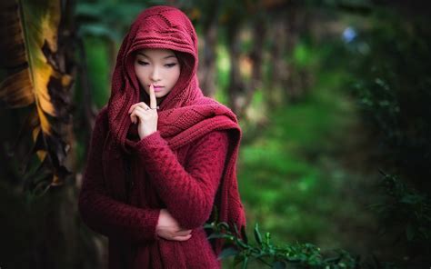Wallpaper Forest Women Outdoors Model Red Asian Dress Hoods