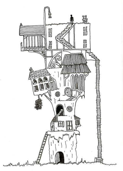 Hand Drawn Line Drawing Of Enchanted Fantasy Style Treehouse Photograph
