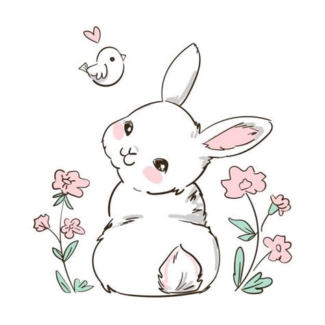 Premium Vector Hand Drawn Bunny And Little Bird Flowers Cute Rabbit