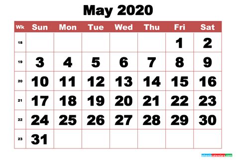 Free Printable May 2020 Calendar With Week Numbers Free Printable