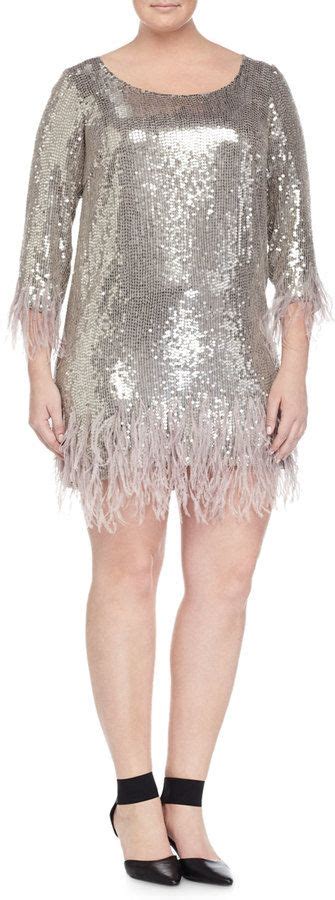 Marina Rinaldi Fatato Sequined Dress W Feather Trim Womens Gray