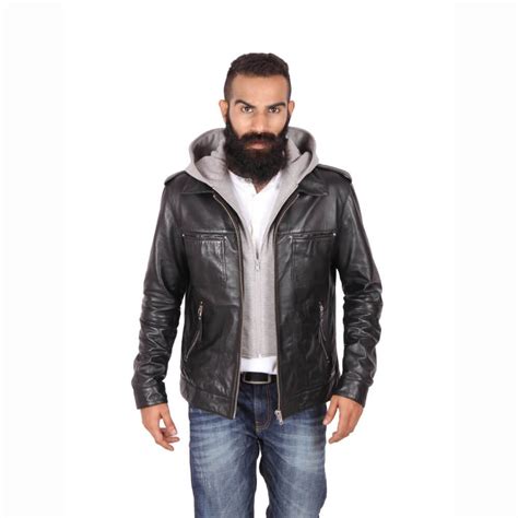 The hoodie is a layering piece that looks casual and hip underneath the casual grey jacket with the stylishly large lapels. Theo&Ash - Men's leather jacket with hood | Men's leather ...