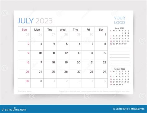 July 2023 Year Calendar Desk Monthly Planner Template Vector