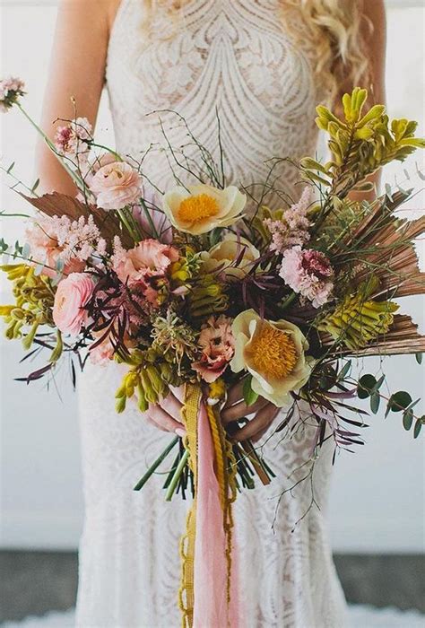 Red and pink and green flowers ornament. 74 Dreamy And Relaxed Bohemian Wedding Bouquets ...