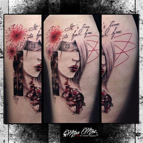Red colour is an expression of love and a very intense one. Black grey and red trash polka style tattoo | Triangle tattoo, Tattoos, Portrait tattoo