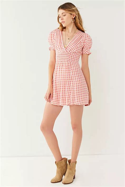 uo molly smocked gingham mini dress urban outfitters