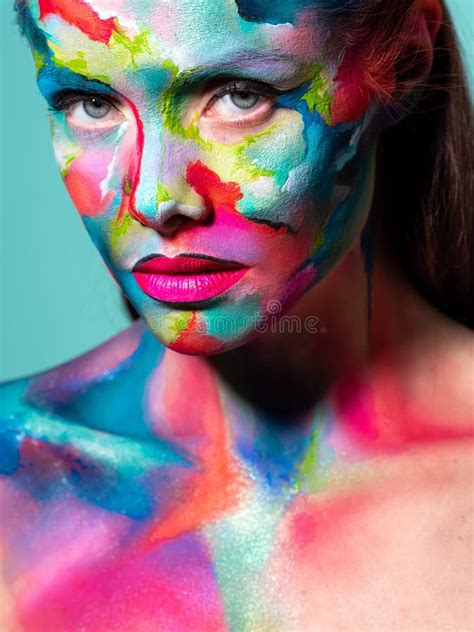 Multicolored Skin Difficult To Identify Creative Makeup With Colorful Patterns On The Face
