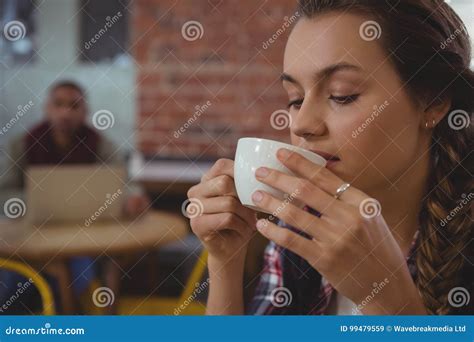 Woman Drinking Coffee Stock Image Image Of Shoulders 99479559