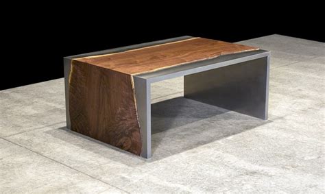 White medium round metal coffee table with pedestal base. Steel and Wood Coffee Table by Johnhoushmand