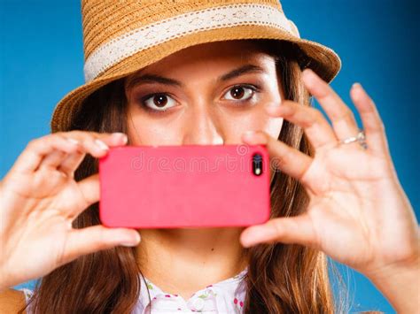 Woman Taking Self Picture With Smartphone Camera Stock Photo Image Of