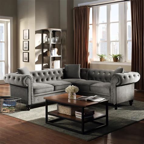 Hampton Slate Grey Fabric L Shape Chesterfield Corner Sofa Furniture