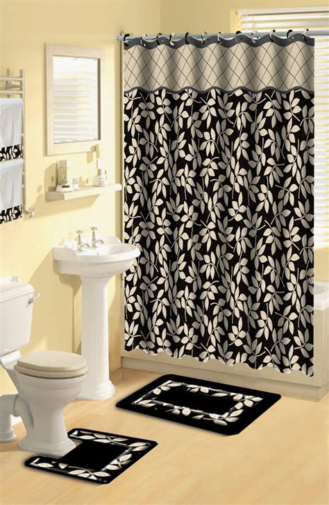 Modern Floral Leaves Black 17 Piece Bath Rug Shower Curtains Hooks