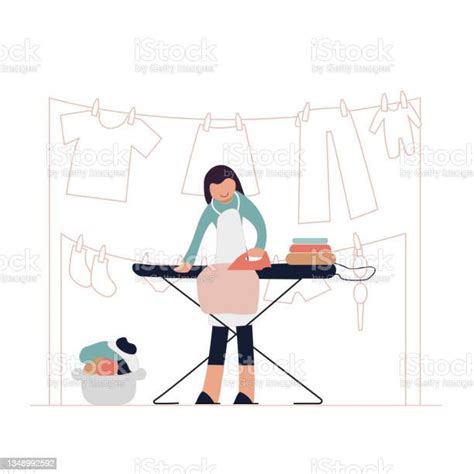 Wanita Menyetrika Pakaian Dengan Besi Ilustrasi Vektor Datar Ilustrasi