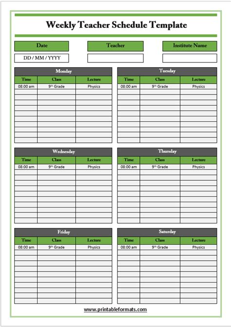 Teacher Schedule Templates Printable Formats