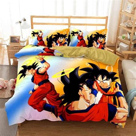 Float on a bed covered in smooth silk or rely on the luxury and practicality of egyptian cotton. DBZ Son Goku With Halo Carrying Son Goten Bedding Set