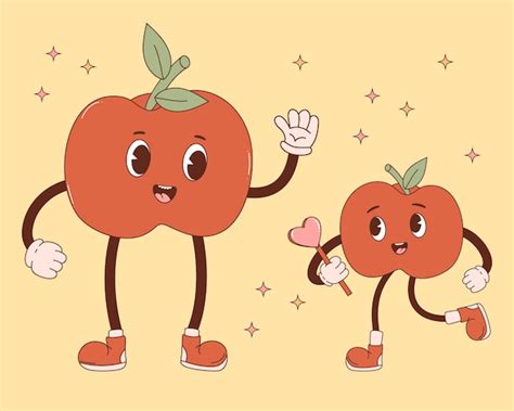 Heureuse Maman Pomme Personnage Rétro Avec Bébé Fruits Groovy