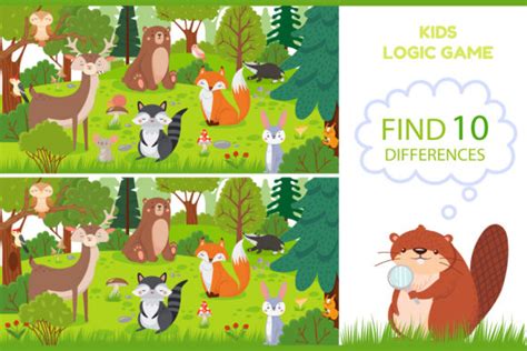Forest Animals Find Differences Game Graphic By Tartilastock