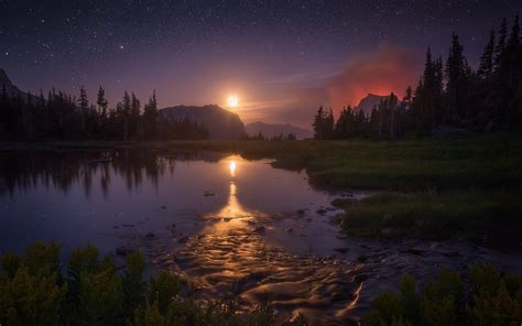Landscape Nature Starry Night Moon Lake Reflection