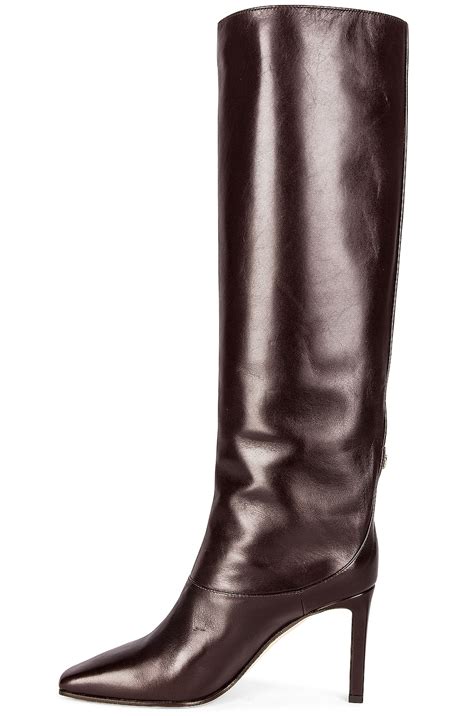 jimmy choo mahesa 85 shiny leather boot in brown fwrd