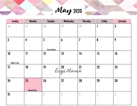 Calendar 2020 Memorial Day Month Calendar Printable