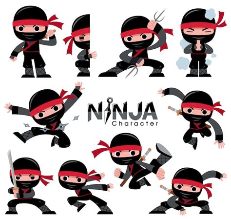 Conjunto De Caracteres De Dibujos Animados Ninja Poses De Lucha
