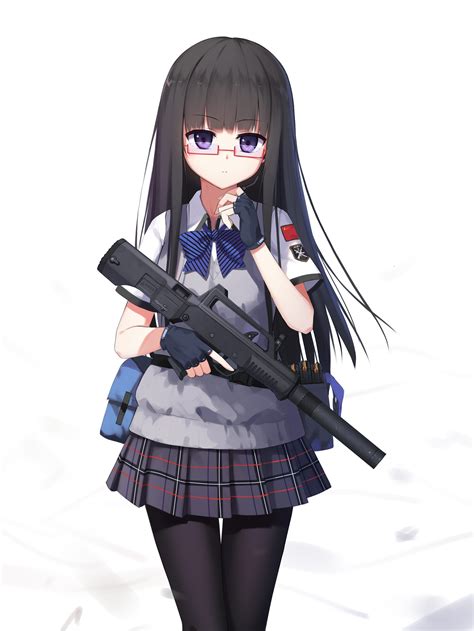 Wallpaper Gun Long Hair Anime Girls Glasses Weapon Cartoon