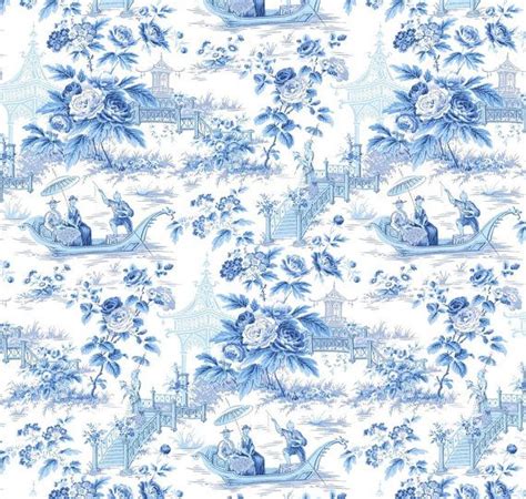 Asian Oriental Chinoiserie Toile Wallpaper Porcelain Blue On White