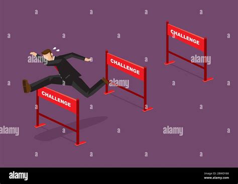 Businessman Jumping Over Series Of Hurdles With Text Challenge On Them