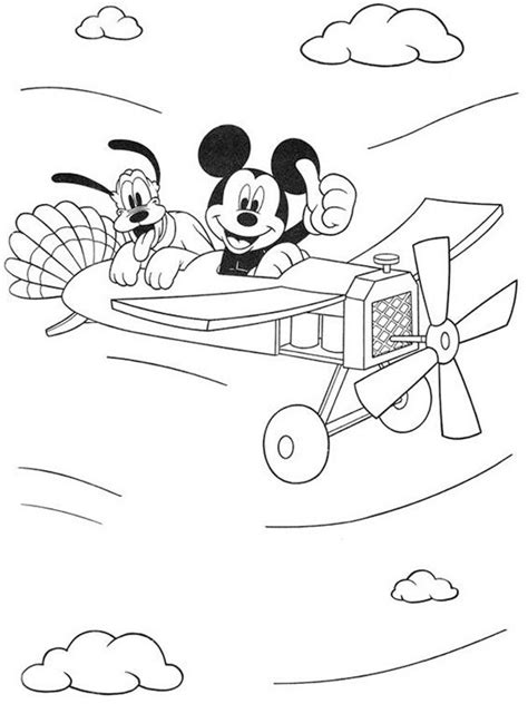 Kleurplaat mickey mouse en pluto in een vliegtuig Leukekleurplaten.nl