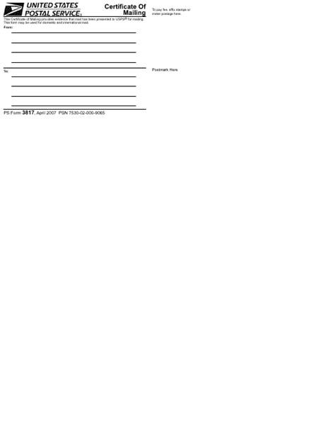 Ps Form 3817 Download Printable Pdf Certificate Of Mailing