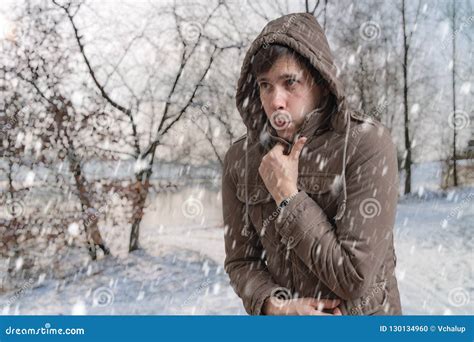 Man Is Freezing Outside In Cold Winter Stock Photo Image Of Snow Wind