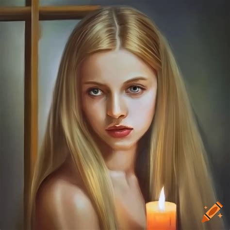 Realistic Oil Painting Of A Young Woman With Long Blond Hair