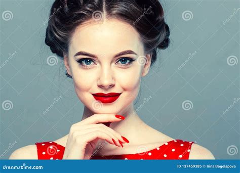 Pin Up Woman Portrait Beautiful Retro Female In Polka Dot Dress With Red Lips Stock Image