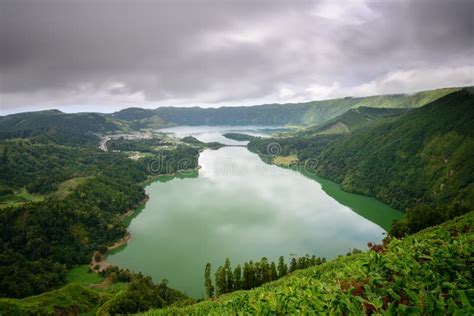Panoramic Landscape Of Lake Sete Cidades Lagoon In Azores Stock Image