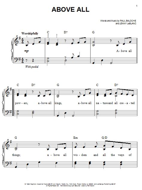 Traditional british and irish music for piano. Above All sheet music by Paul Baloche (Easy Piano - 50542)