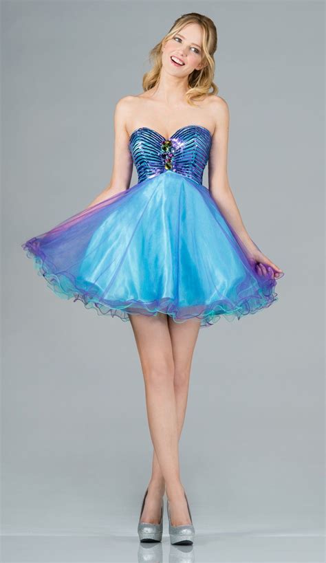 Two Tone Turquoise Purple Short Prom Dress Strapless Sequin Bodice