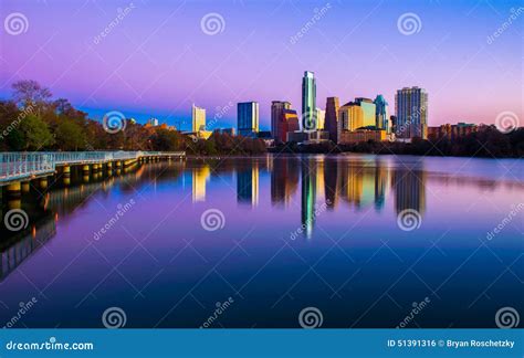 Austin Skyline At Night With Bright Illuminated Buildings Stock Image